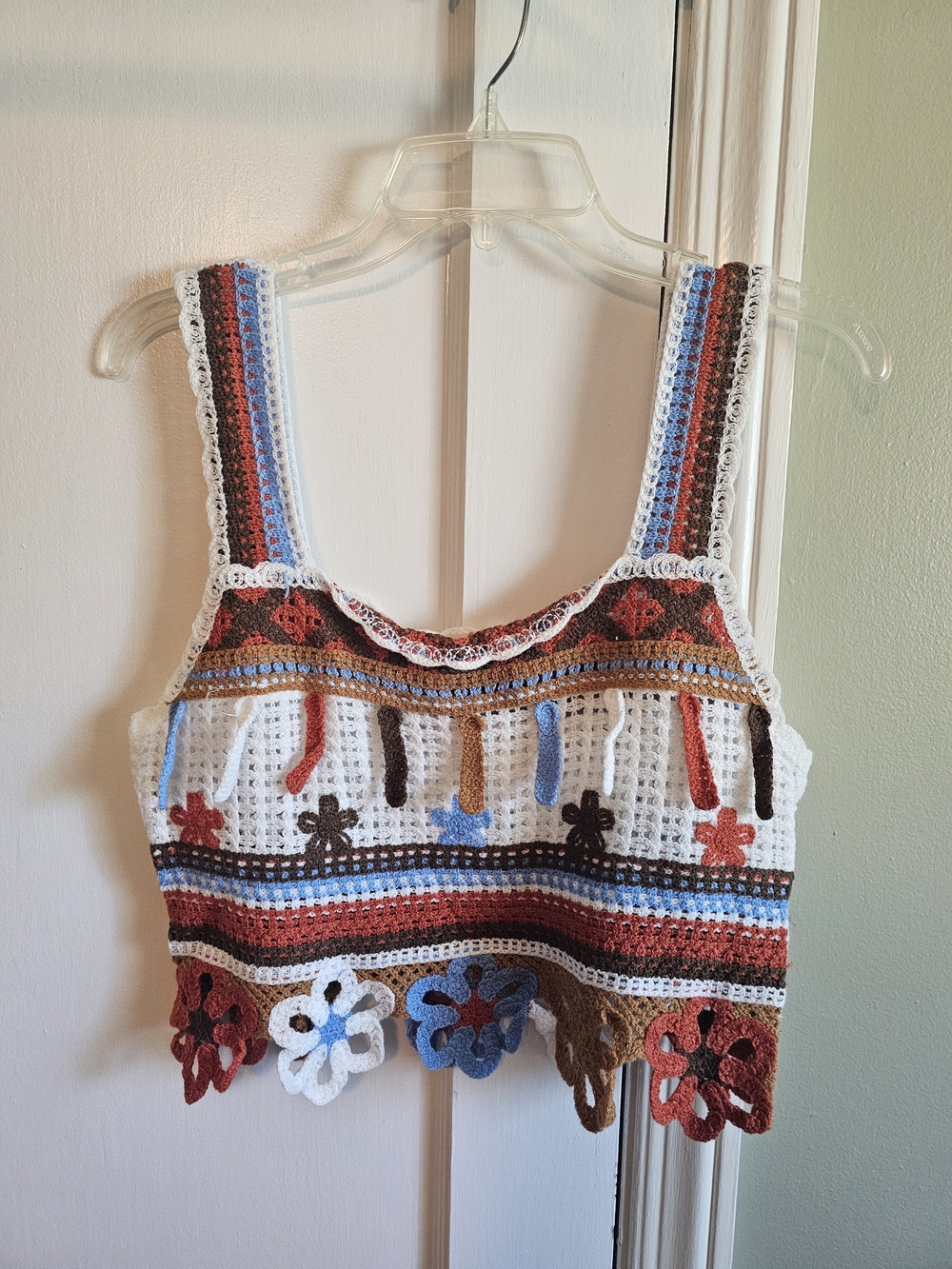 POL Crocheted Tank Top in White, Brown, Blue & Rust